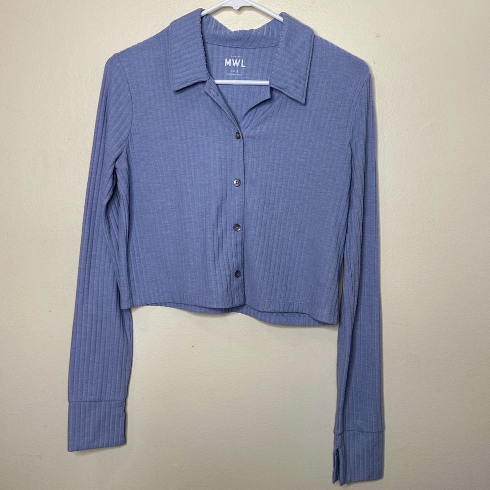 Madewell MWL Ribbed Button Down Polo Shirt Blue Long Sleeve Cropped‎ S